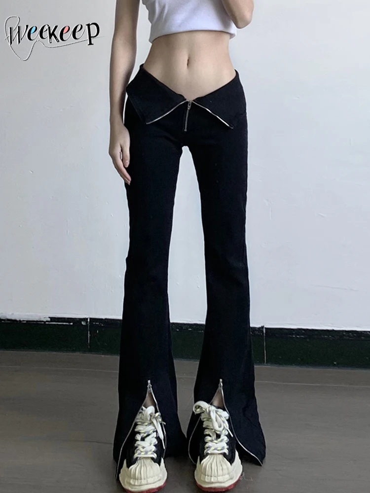 

Женские расклешенные джинсы Weekeep, повседневные обтягивающие джинсы на молнии с низкой посадкой, повседневные джинсы в Корейском стиле