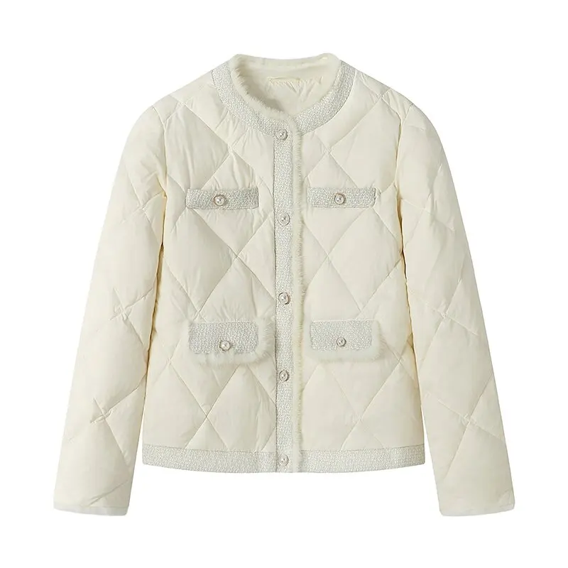 Женский короткий пуховик Aige изящный белый из меха норки с круглым вырезом зима 2023