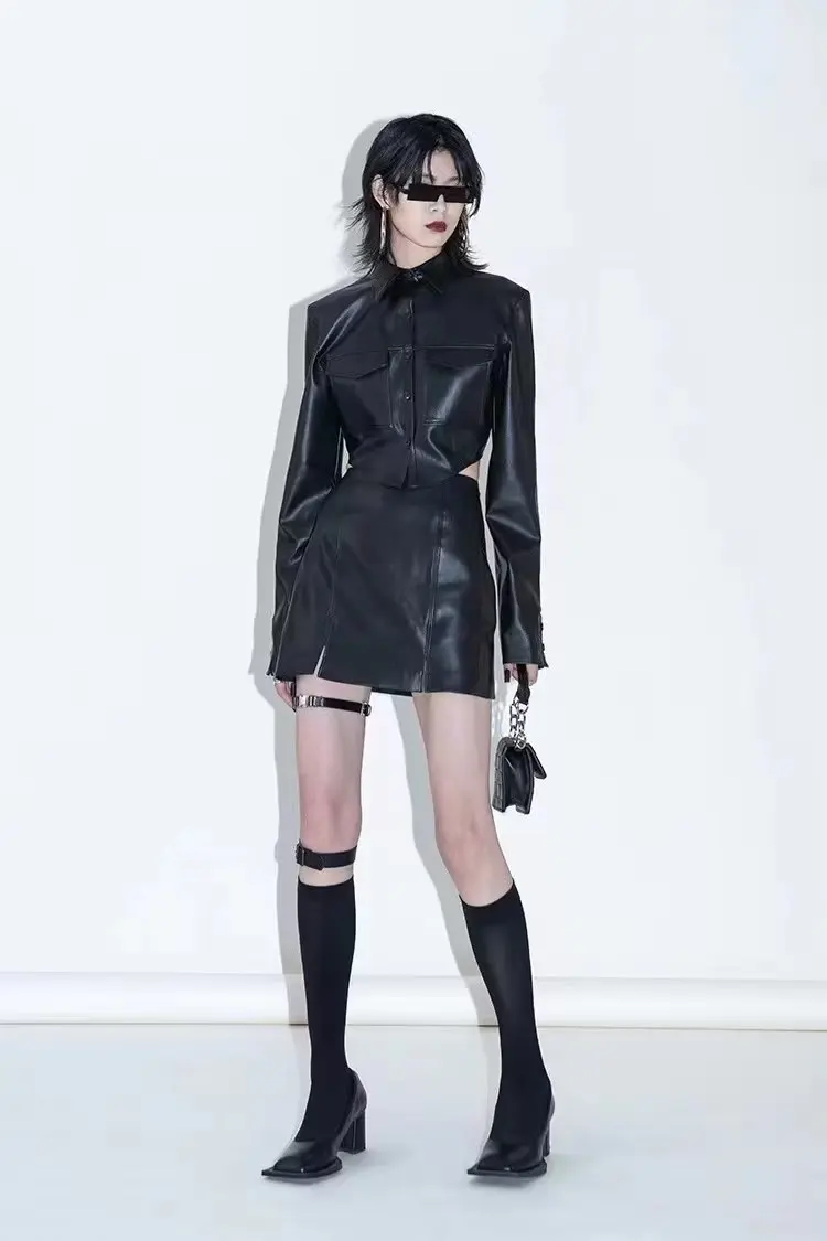 MOLAN Black Woman Leather Short Jacket Za Fashion PU Coat Singal Breasted Chic Pockets High Street Outwear Top Female PU Coat