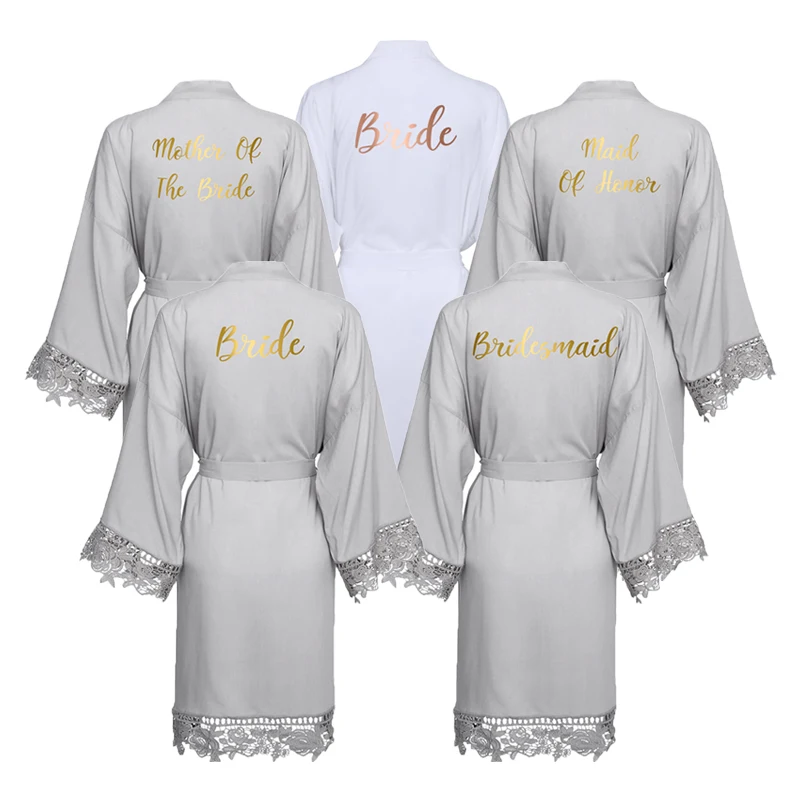 Rayon Cotton Lace Robes Plus Size Wedding Bath Robe Bridesmaid Bride Dressing Gown Women Sleepwear Maid of Honor Gray