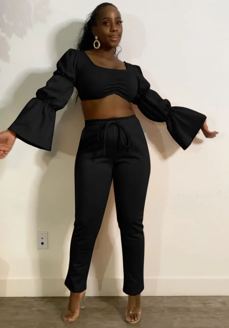 

WUHE Street Elegant Women's Set Lantern Long Sleeve Sexy Wrapped Chest Crop Tops+ Pants Suit 2023 Spring Outfit Tracksuit