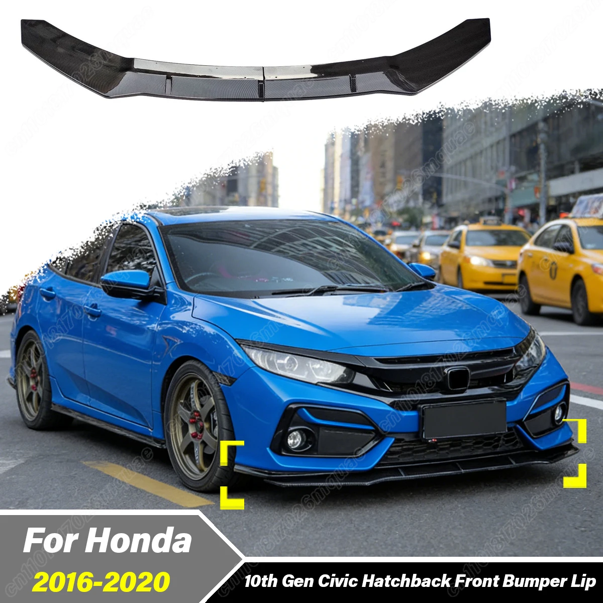 Фото Для Honda Civic 10-го поколения (хэтчбек) 2016-2020: Комплект декоративных защитных накладок на нижнюю часть переднего бампера №1
