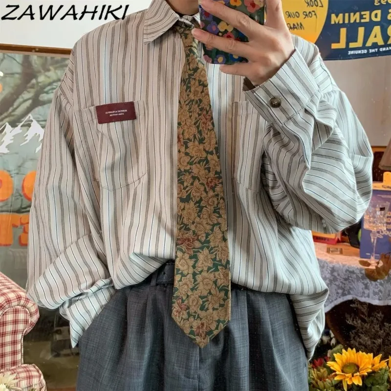Женская винтажная блузка в полоску Повседневная Свободная рубашка японском