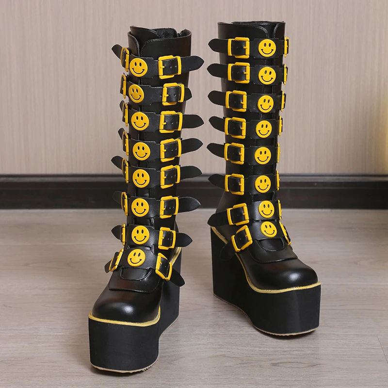 

Женские сапоги на танкетке, до колена, на платформе, с пряжкой и высоким каблуком, в готическом стиле, 2022