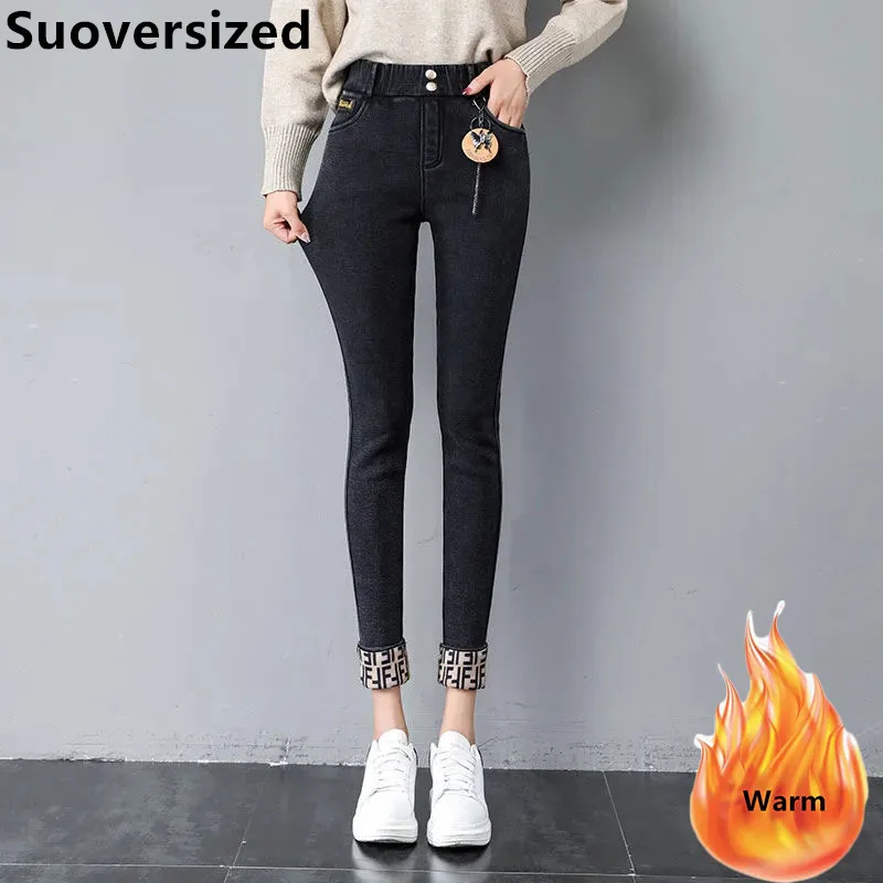 

Женские бархатные теплые джинсы-карандаш, зимние плотные облегающие джинсы с высокой талией, повседневные уличные ковбойские брюки в Корей...
