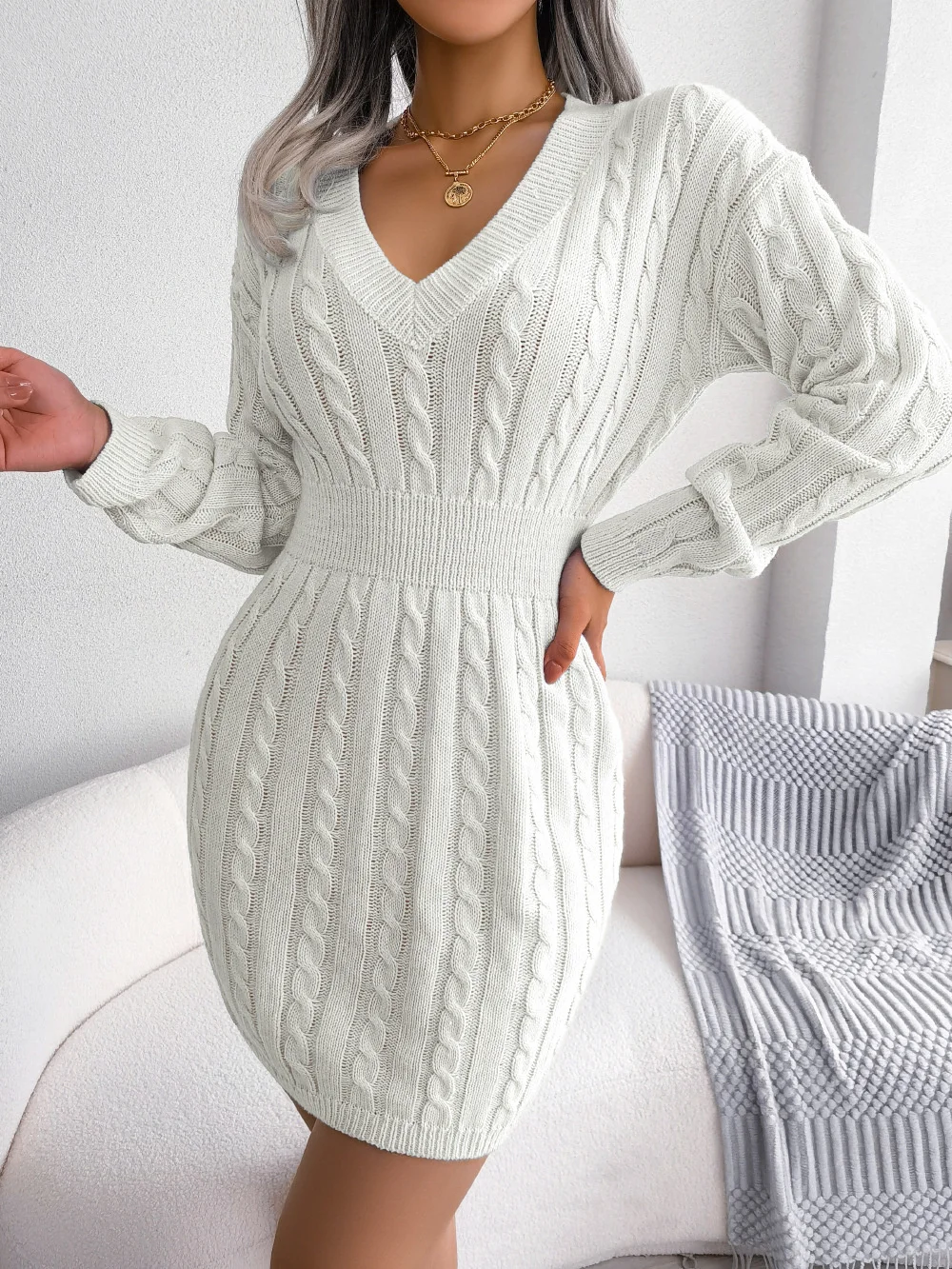 

2023 Autumn/Winter new elegant casual fashion waist fried dough twist buttock wrap dress woolen dress women's wear