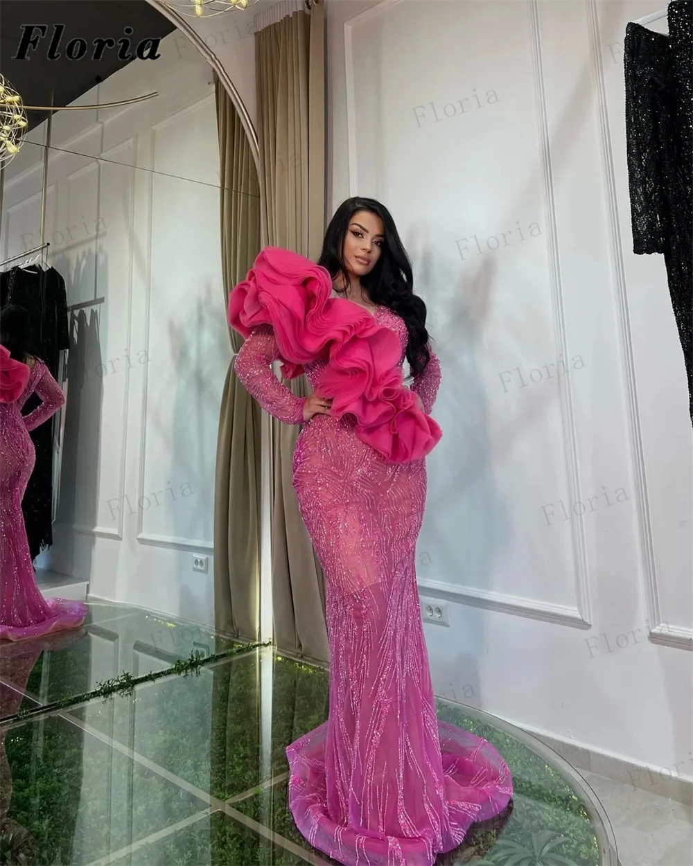 

Women Pink Ruffles Mermaid Prom Dresses Custom Made Long Sleeves Celebrity Party Dress Vestidos De Noche Beading Evening Gowns