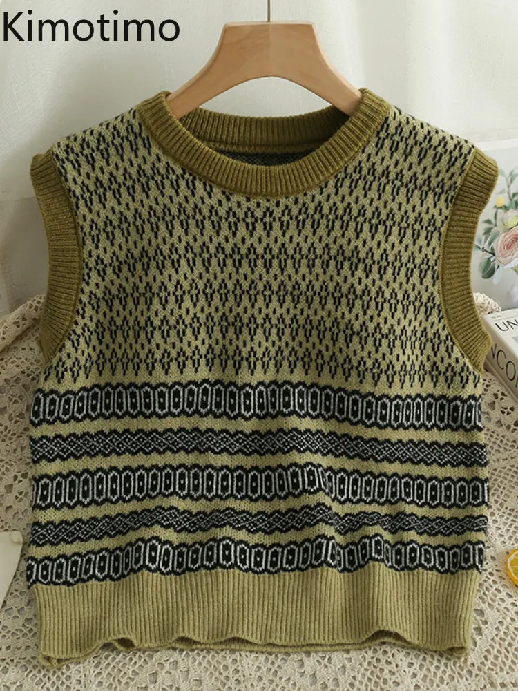 

Женский трикотажный жилет Kimotimo в клетку в стиле ретро, осень 2022, короткий пуловер с круглым вырезом, Корейская шикарная верхняя одежда, обле...