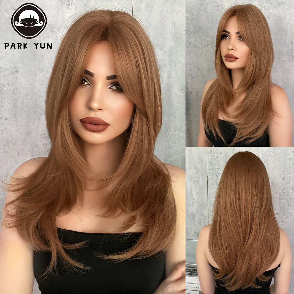 Honey Brown Wigs for Women Natural Hair Wavy Wigs with Bangs Layered Heat Resistant Synthetic Fiber Wigs Daily Use Fake Hair
