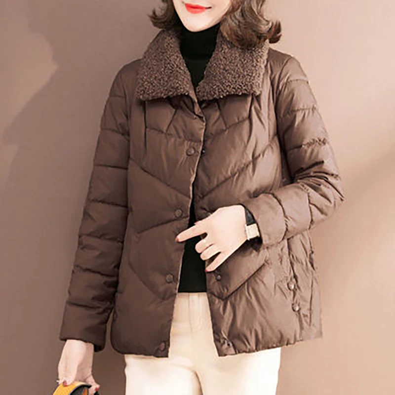 Winter Warm Jacket Women Ultra Light Down Cotton Parka Lamb Wool Collar Short Padded Parkas   Female Casual Comfort Coat