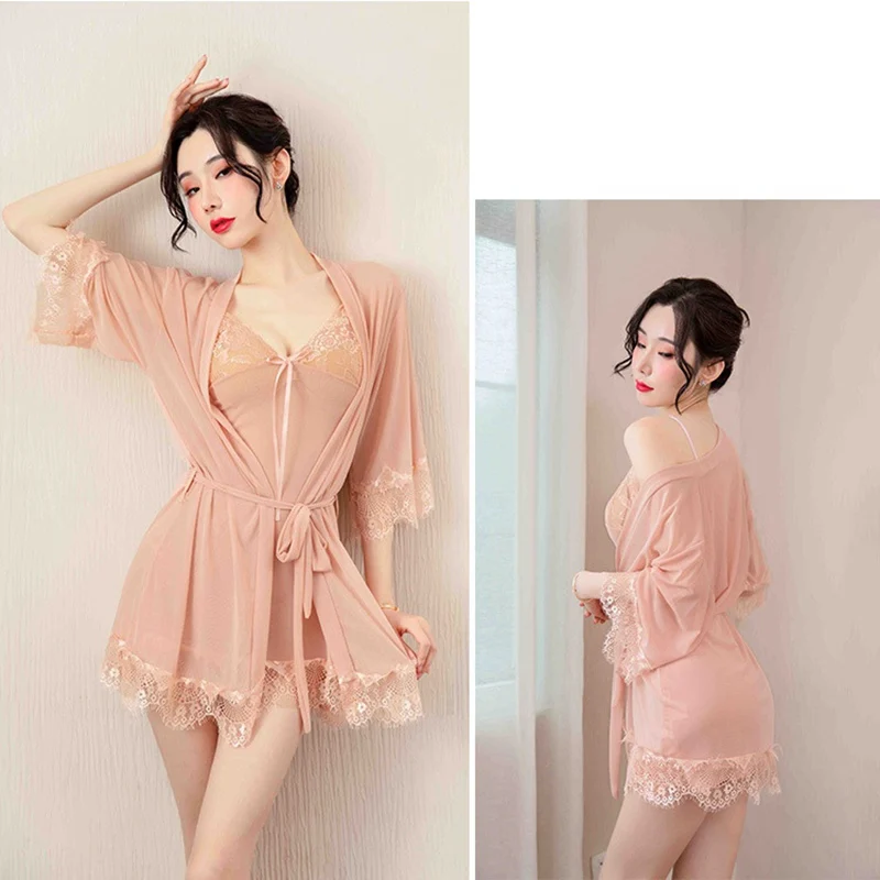 

Ladies Mesh Gauze Nightdress Sleep Tops Underwear Three Pajamas Robe Suit Lace Sexy Pajamas Sexy Underwear Perspective Wear