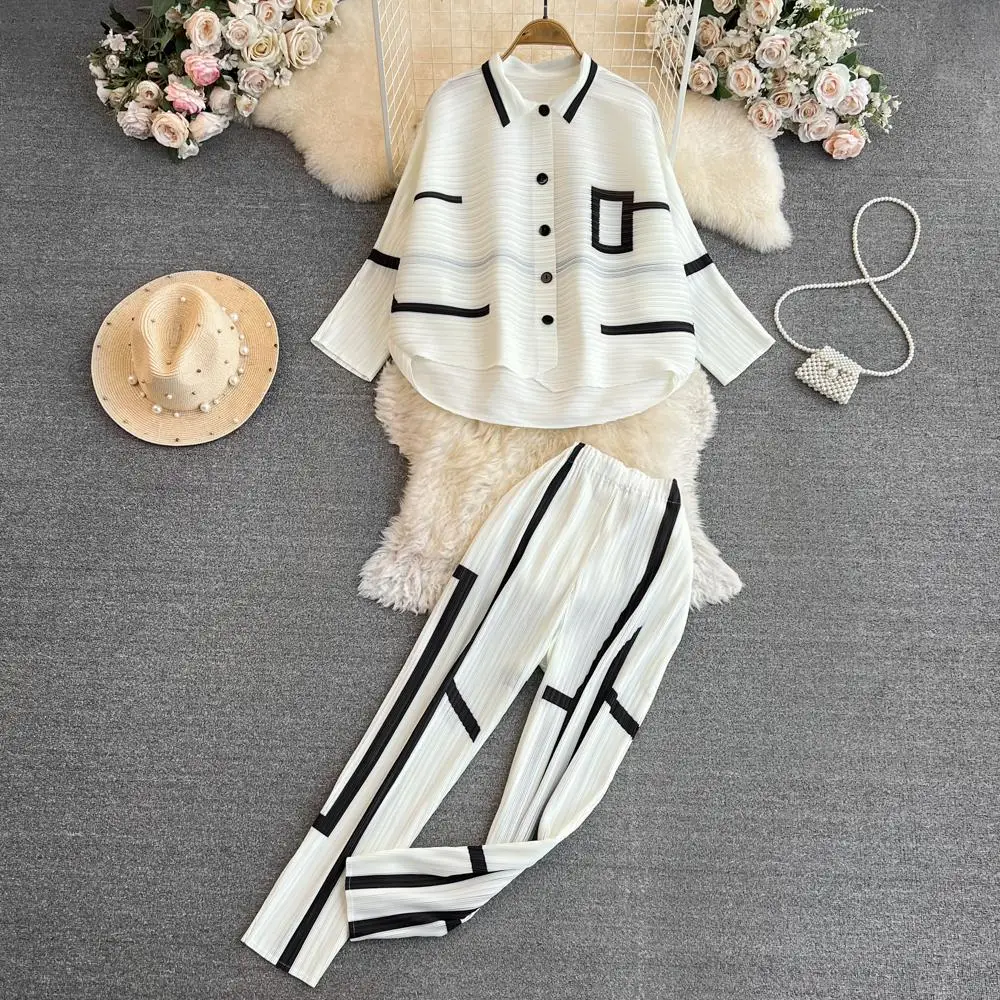 Женский костюм с отложным воротником Miyake Свободный Топ рукавами-воланами и