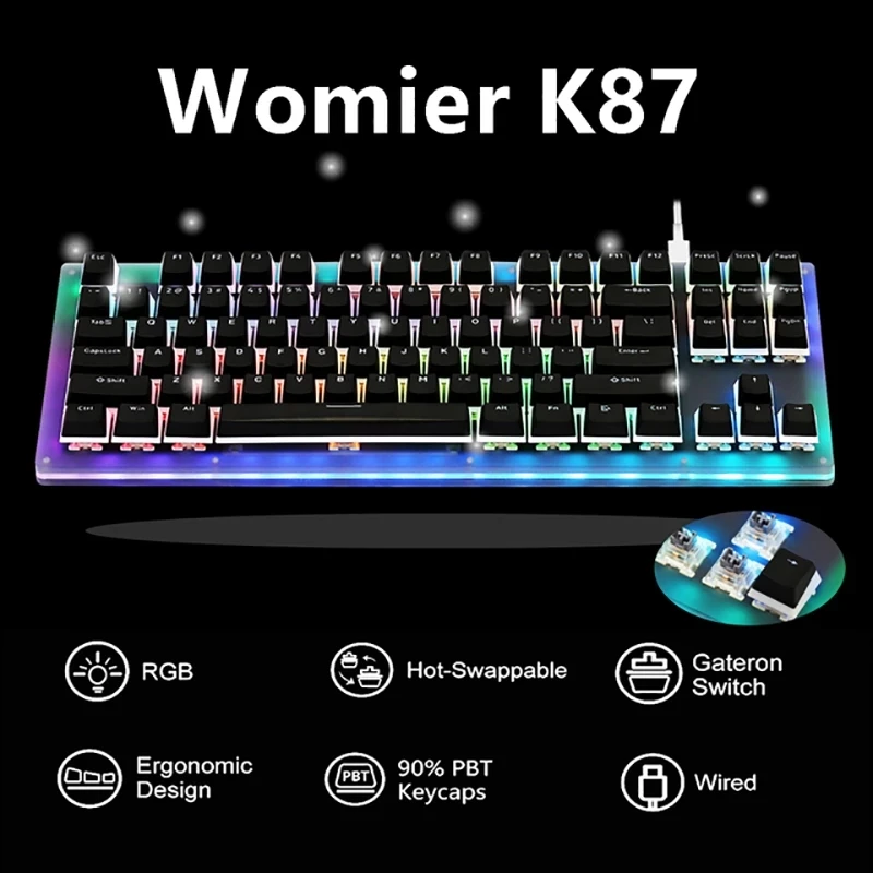 

Черная игровая механическая клавиатура Womier K87 с горячей заменой, 80%, 87 TKL, печатная плата, чехол Gateron, переключатель, световые эффекты со светодиодным переключателем RGB