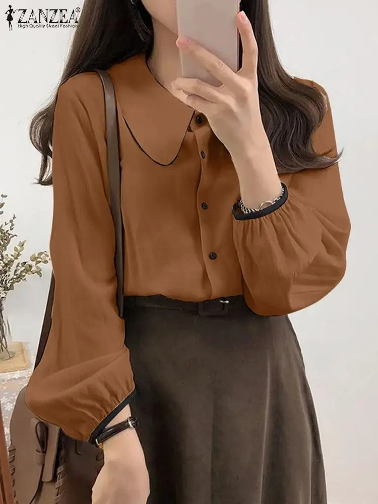 

ZANZEA 2023 Elegant Classy Shirt Women Fashion Puff Sleeve Tops Casual Color Blocking Blouse Korean Sweet Peter Pan Collar Blusa