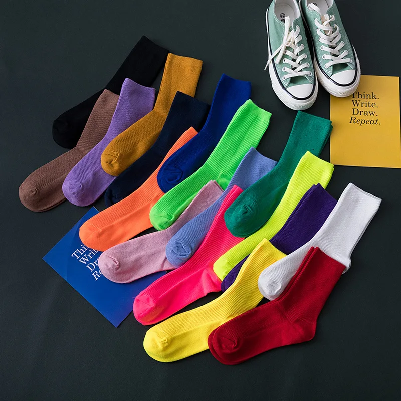 Colorful Harajuku Retro Women Lady Cotton Socks Fluorescent  Neon Color Korean Purple Yellow Pink Designer Skateboard Cool Cute