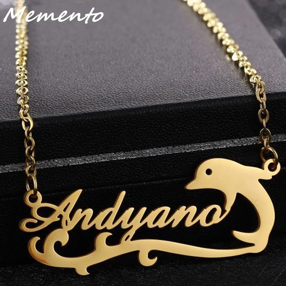 

Memento Custom Dolphin Name Necklace Personality Stainless Steel Chain Nameplate Pendant Choker For Women Jewelry Birthday Gift