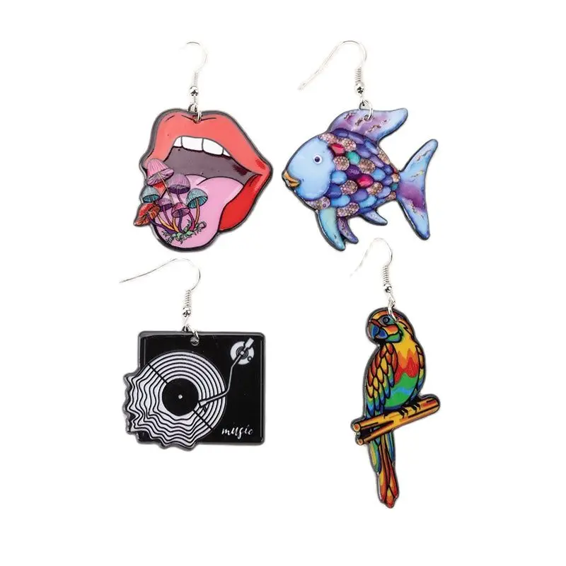 1Pair Rainbow Fish Dangle Earrings Creative Acrylic Record Player Parrot Mushroom Lips For Women Gril Birthday Festival Gift