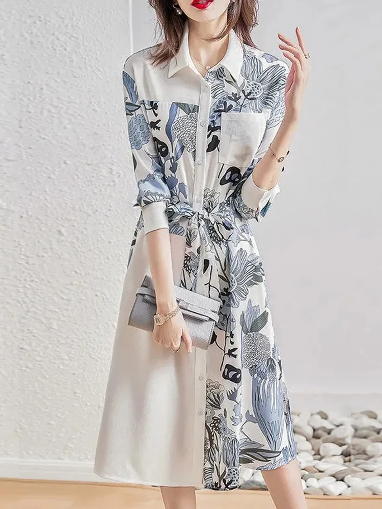 

Casual Fashion Printing Belt Button Shirt Dresses Summer Lapel Women Maxi Elegant Dress French Korean Chic Clothes Women's New