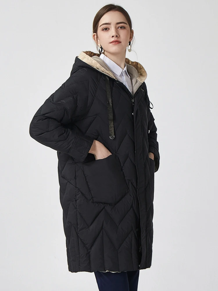 

Janveny Winter Knitting Splicing Hooded Warm Long Puffer Jacket Women 90% White Duck Down Coat Solid Color Straight Tube Parkas