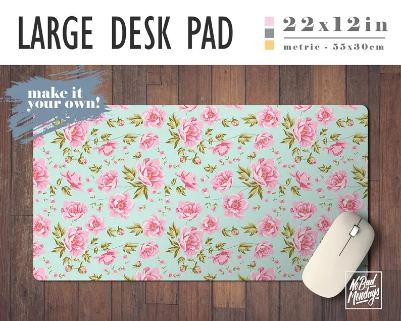 

Peony on Mint Floral Print Pattern Desk Mat - 2 Sizes - High Quality Digital Print, Extended Mouse Pad - Desk Accessory