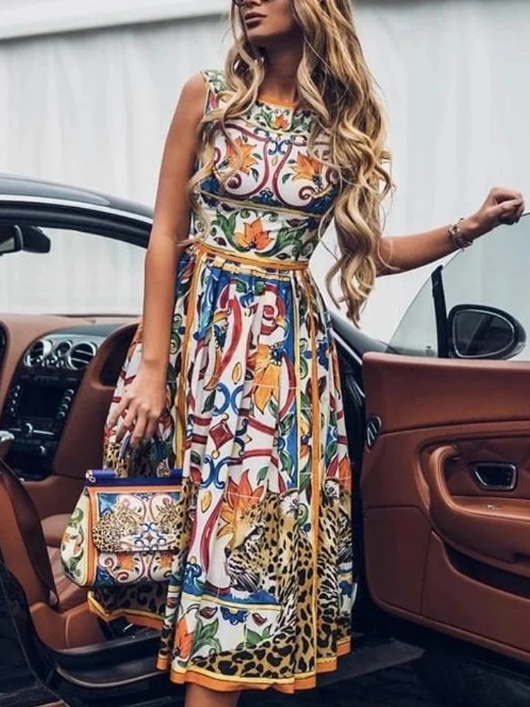 

Summer Women Sundress Bohemian Floral Print Beach Maxi Dress Vintage O Neck Sleeveless Loose A Line Lady Street Holiday Dress