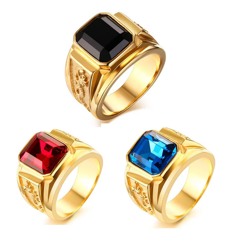 

Fashion Finger Ring Jewelry Stainless Steel Custom Gold Plated Square Rhinestone Stone Men Black Rings