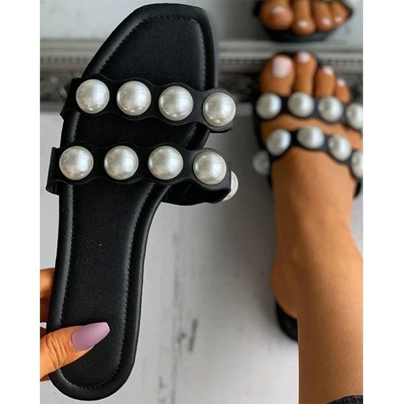 

Women Slippers Fashion Large Pearl Sandals Shoes Female Lazy Drag Plus Size 42 Flat Shoes Western Style Ladies Flip Flop Casual