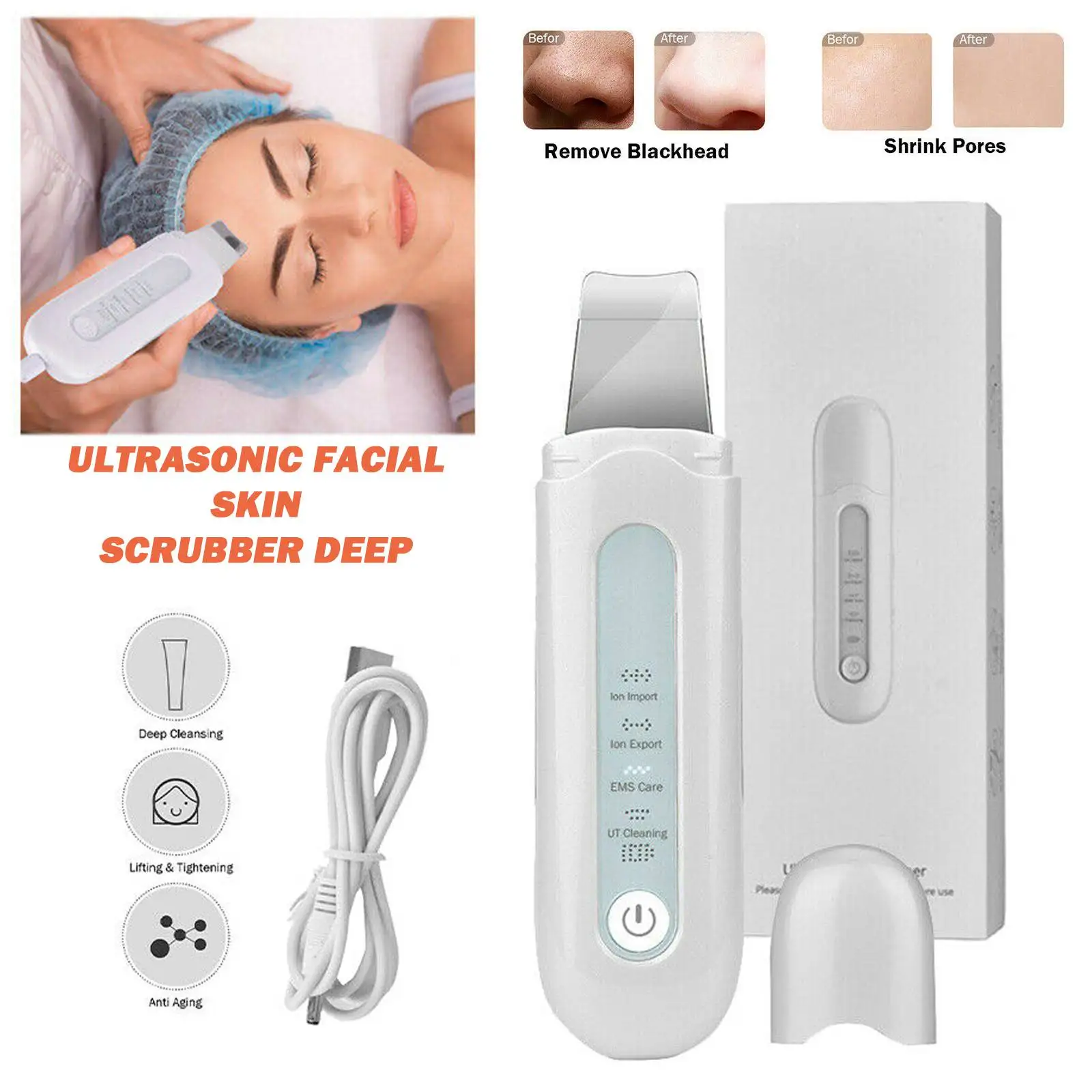 

Ultrasonic Skin Scrubber Face Cleaning Skin Care Scrubber Facial Cleaner Shovel Spatula Peeling Blackhead Remover Lift Massager