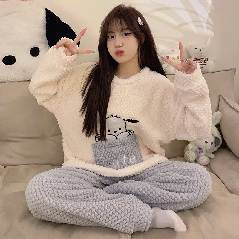 

Sanrio Animation Peripheral Pochacco Kuromi Long-Sleeved Round Neck Pajamas Winter Cute Girls Y2K High-Quality Home Wear Set