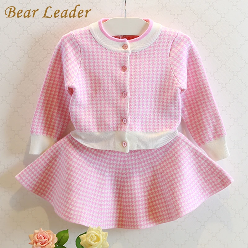 Bear Leader Girls Sets 2022 New Spring Pink Houndstooth Knitted Suits Long Sleeve Plaid Sweater+Skit 2Pcs Kids Suits For 3-7Y