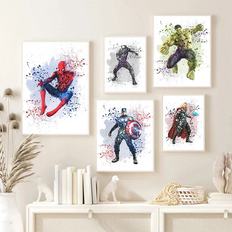 

Marvel Avengers Nursery Wall Art Canvas Painting Watercolor Spider-man Hulk Posters and Prints for Kids Bedroom Decor Lover Gift