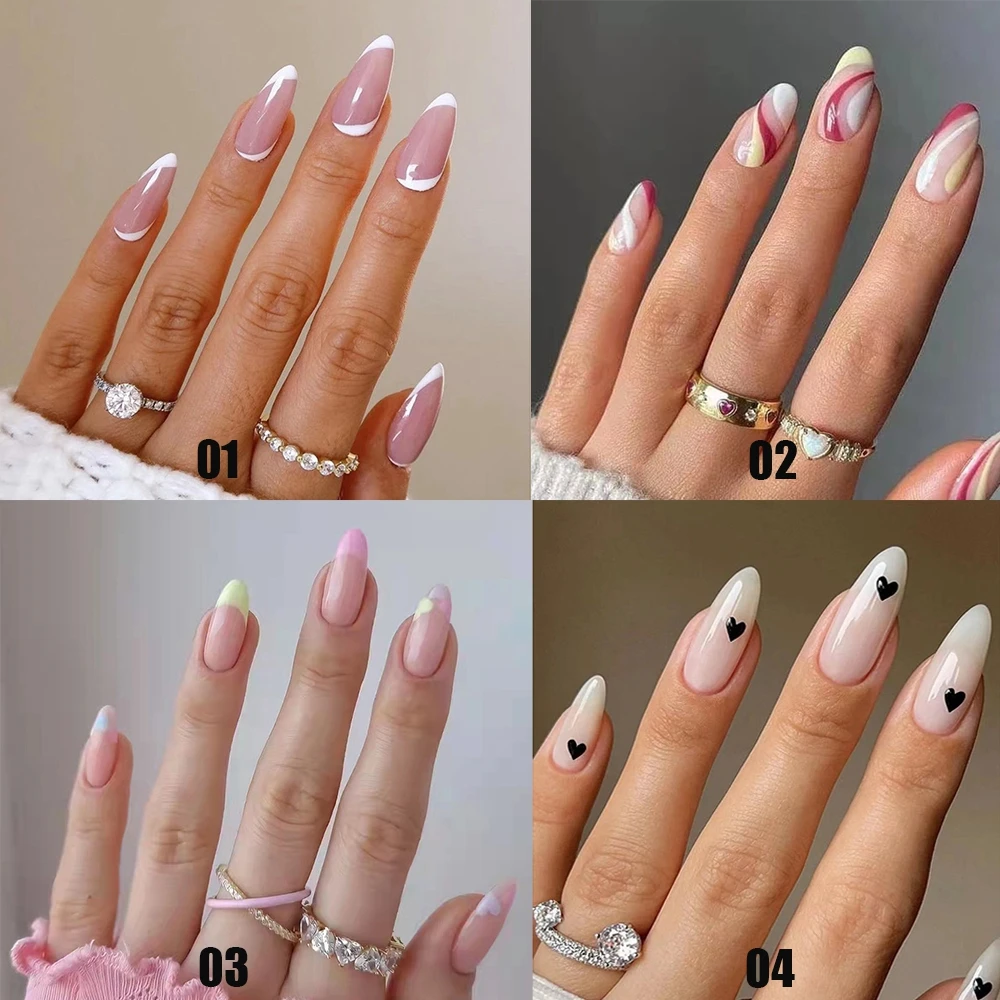

24pcs Detachable Black White Line Matching False Nail Almond Oval Head Full Cover Fake Nails Simple Press On Nails Wearable Tips