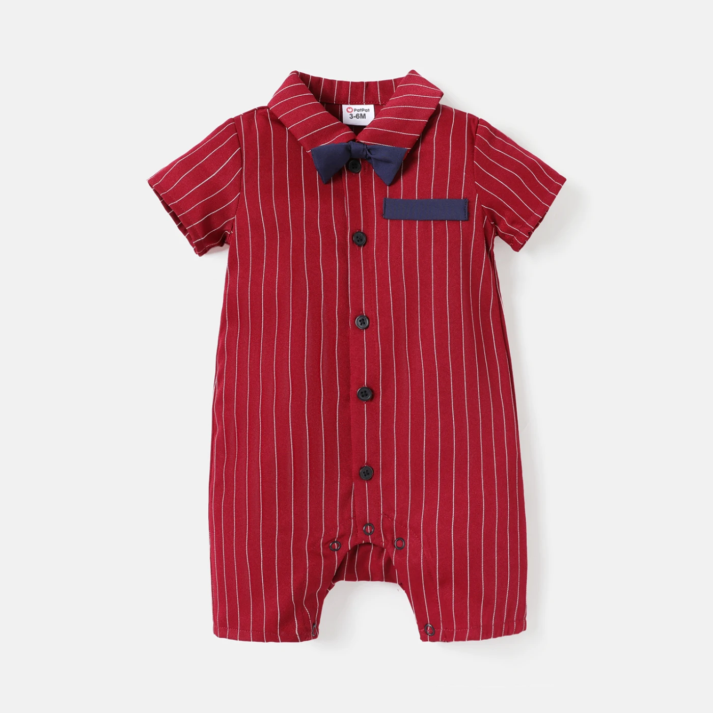 

PatPat Baby Boy Bow Tie Decor Red Striped Short-sleeve Romper