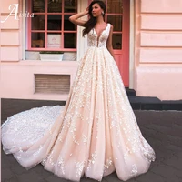 grace v neck wedding dresses with lace embroidery sleeveless vestidos de boda long boho bride robe vintage bride dress