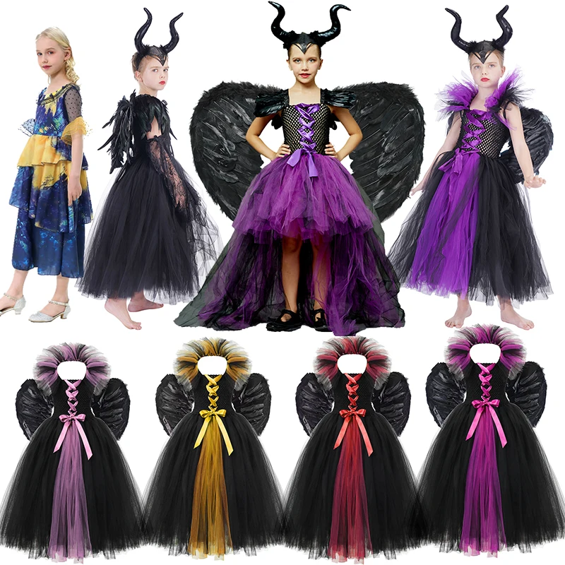 

Halloween Isabela Maleficent Witch Vampire Cosplay Costumes For Girl Party Kids Evil Queen Lace Tutu Dresses Carnival Gown Dress