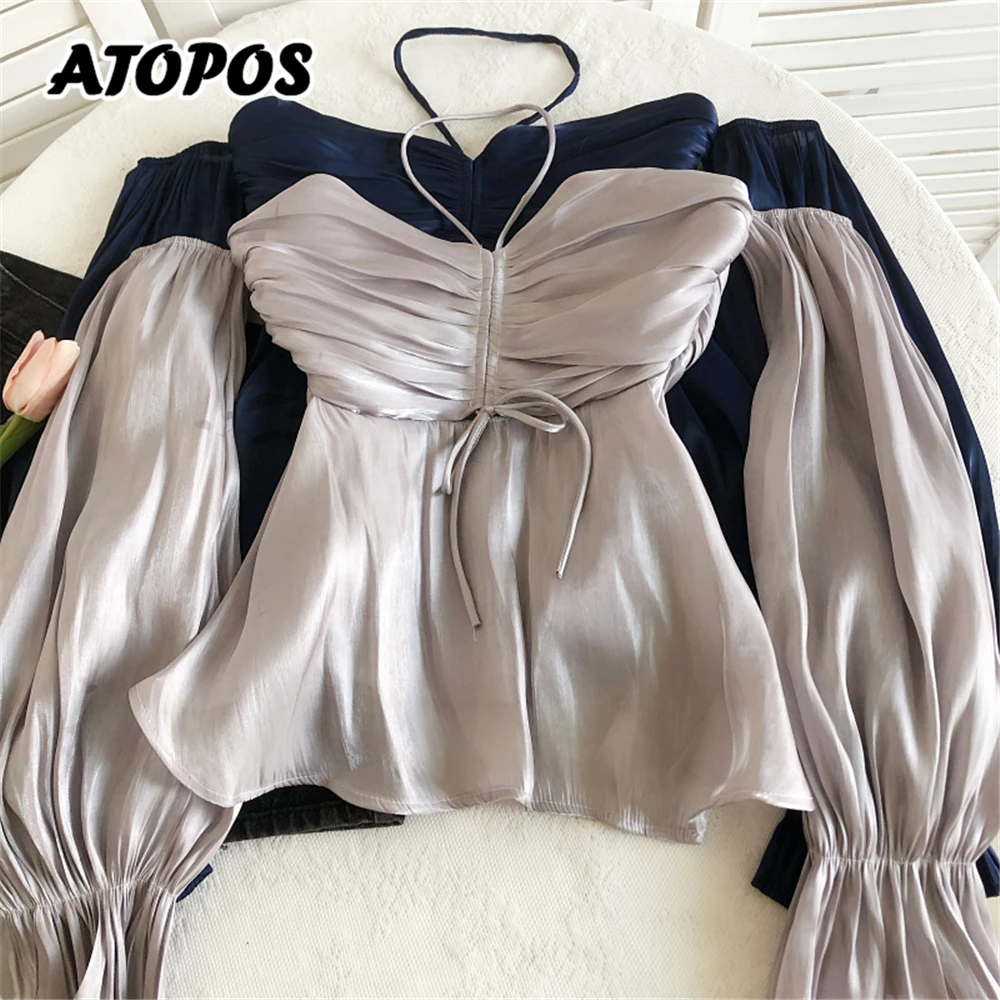 

Atopos Women Halter Tube Blouses Crop Top Sweet Sexy Off Shoulder Flare Sleeve Woman Shirts Cropped Tops Elegant Female Clothes
