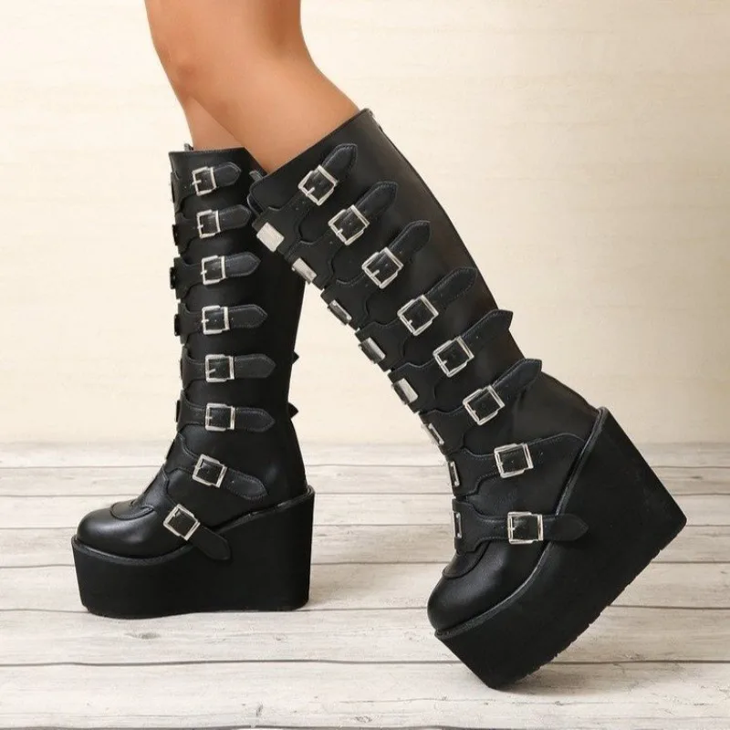 

Platform Gothic Style Cool Punk Motorcycles Knee High Boots For Women Metal Chunky Flatform Heeled Zip Boots Shoes