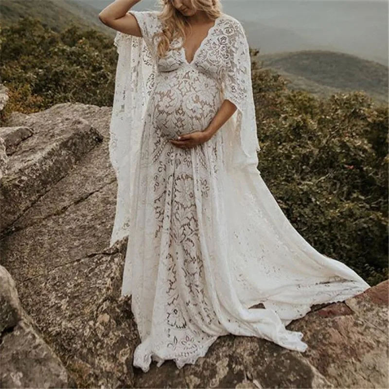 

Vintage Maternity Boho Lace Batwing Sleeve Long Dress Gown for Pregnant Shooting Photo Photography Props Clothes for Baby Shower