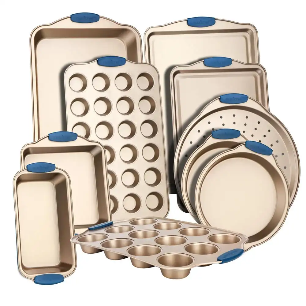 

10-Piece Nonstick Bakeware Set Carbon Steel Baking Trays W/ Blue Silicone Handles, (Gold)