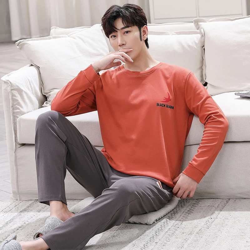 QUHENG Autumn Men Pajama Sets Cotton Pijama Round Neck Male 2 Pieces Sets Casual Homewear Sleepwear Long Sleeve Nightwear