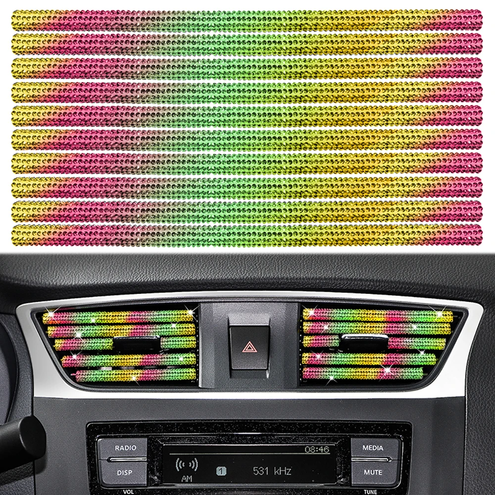 10Pcs 20cm Car Air Conditioning Outlet Decorative Strips Air Vent Color Diamond Auto Trim Accessories Interior for Woman