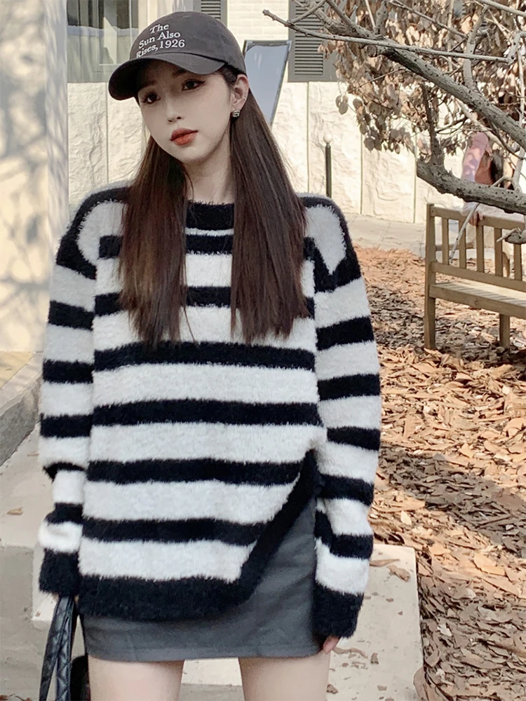 

BETHQUENOY Hiver Truien Dames Loose Casual Striped Pullover Jumper Femme Round Neck Long Sleeve Knitted Sweater Women Clothing