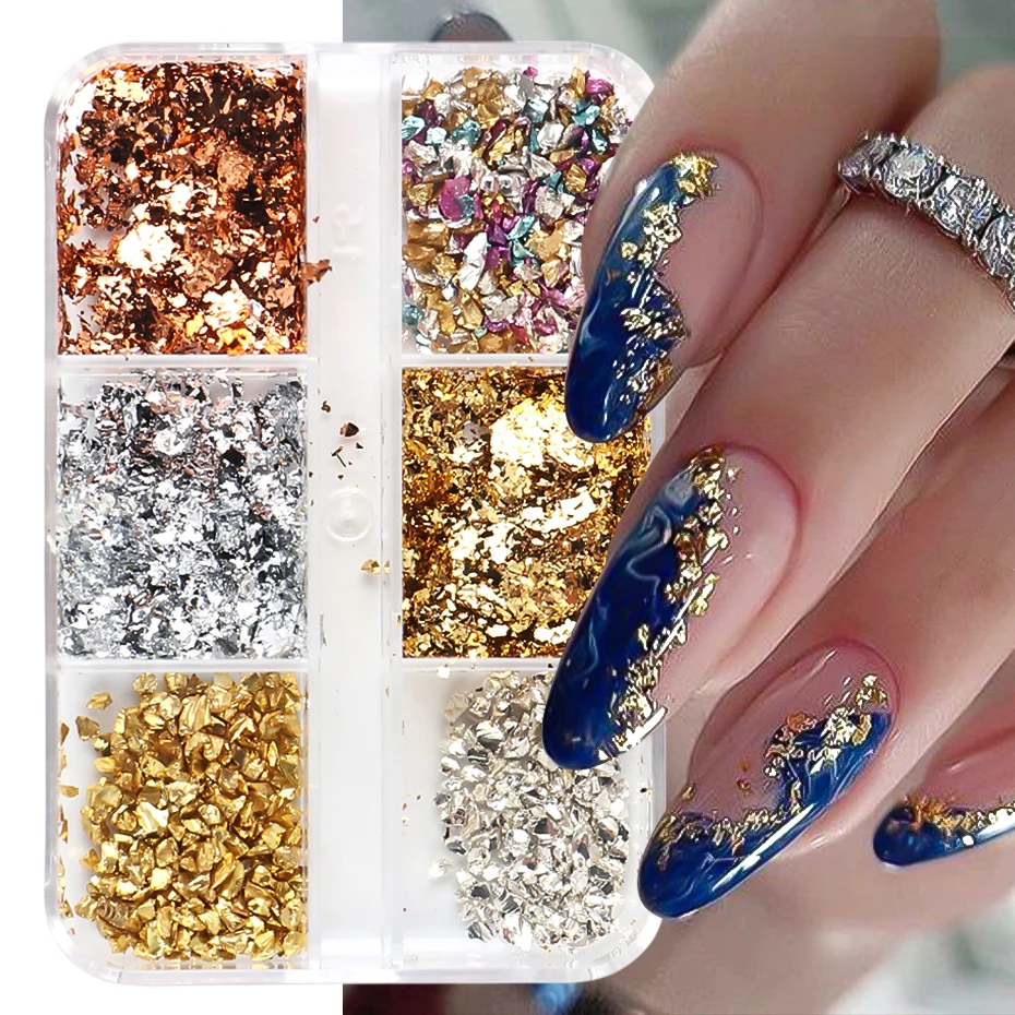 

Золотистые и Серебристые Блестки из алюминиевой фольги для ногтей, разноцветные 3D драгоценные камни, Роскошные блестящие DIY маникюрные прелести, аксессуары