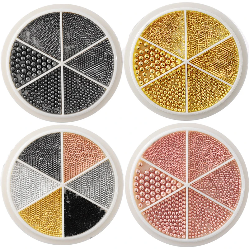 

6 Grids Mixed Size Nail Art Mini Steel Caviar Beads Rose Gold Silver Black Metal Bead Jewelry Manicure Fake Nails Accessoires