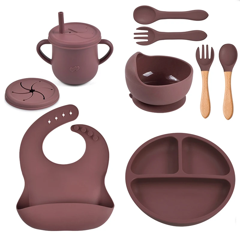 Silicone Baby Feeding Set Suction Plates and Bowls for Toddlers Baby Eating with Divided Plate Suction Bowl Bibs Cup Spoon Fork