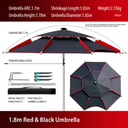 Пляжный зонт высота 2.2 метра, диаметр купола 2.3 метра. В комплекте колышки для фиксации.