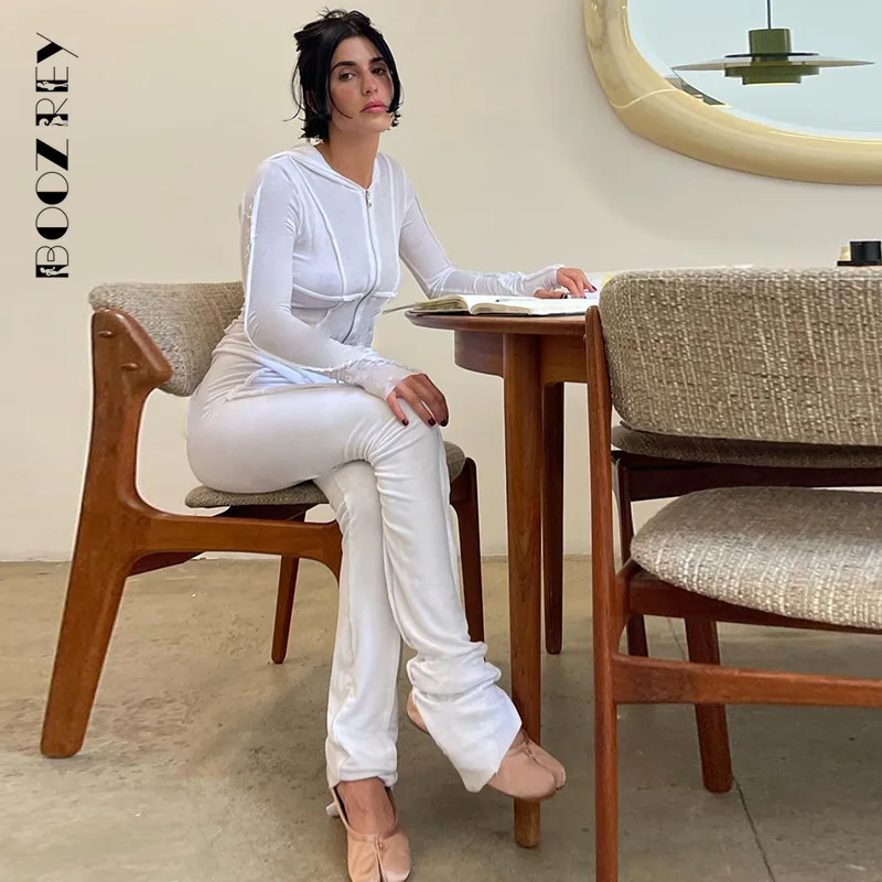 

BoozRey Solid Metal Zip Slim Long-sleeved Hooded Top High Waisted Trousers Tow Piece Set Women 2023 Leisure Patchwork Outfit