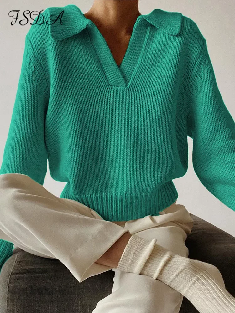 

FSDA Green Long Sleeve Sweater Knitted Women V Neck Autumn Winter 2021 Fashion Pullover Casual Black Top