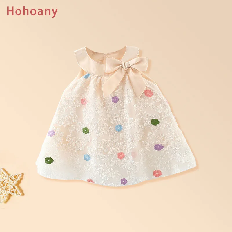 Hohoany Simple Baby Girl Dresses Flower Cotton Toddler Children Clothes Korean Style Bowknot Kids Costume For 0 to 3 Years Old