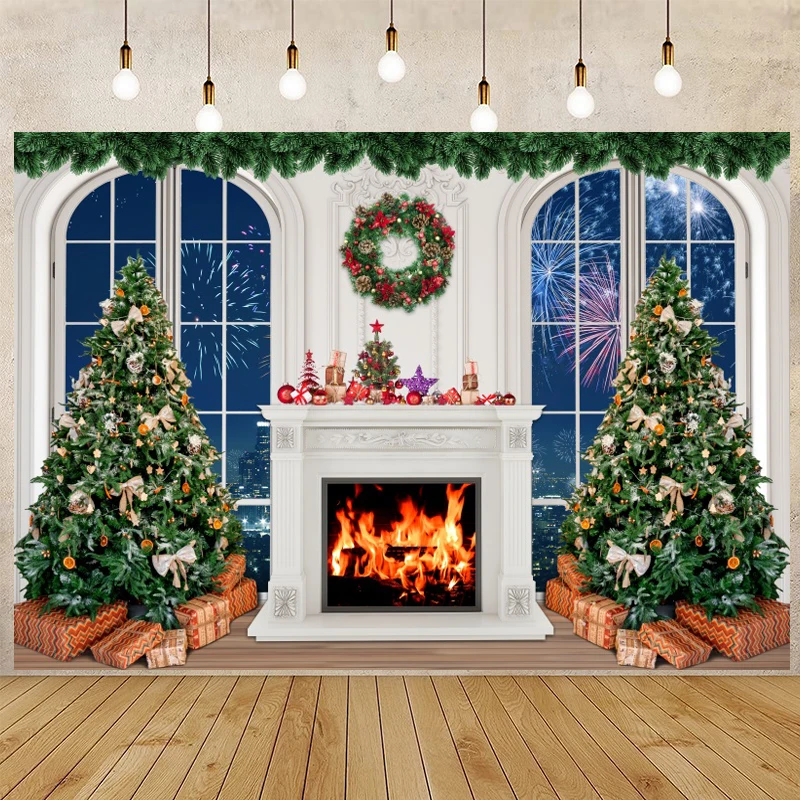 

White Brick Fireplace Photography Background Merry Christmas Gift Trees New Year Kids Portrait Newborn Baby Backdrops Photo Prop